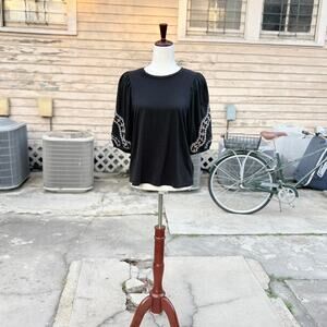 NWOT Black Embroidered Peasant Blouse